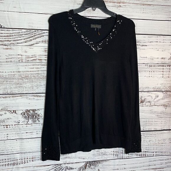 Donna karan sweater Womens size Small V neck sequin Black knit light pullover - Picture 1 of 7